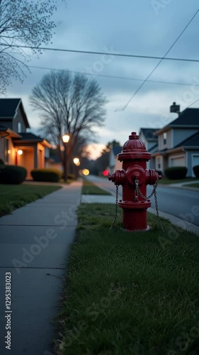 A red fire hydrant is on the sidewalk. It is chained to the ground. The hydrant is in front of a house