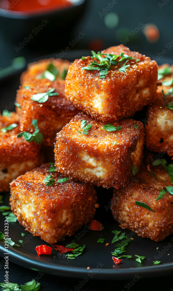 Crispy golden fried tofu bites on plate, delicious and irresistible snack served, close up Crispy golden fried tofu bites on plate, delicious and irresistible snack served, close up