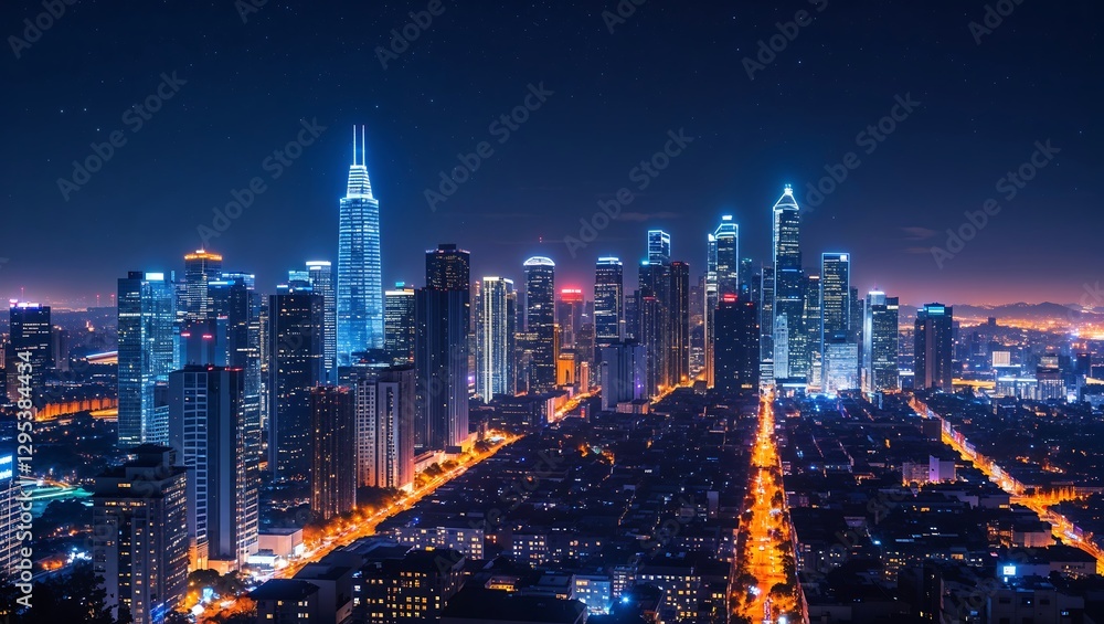 Obraz premium City night skyline with tall buildings lights and dark blue sky