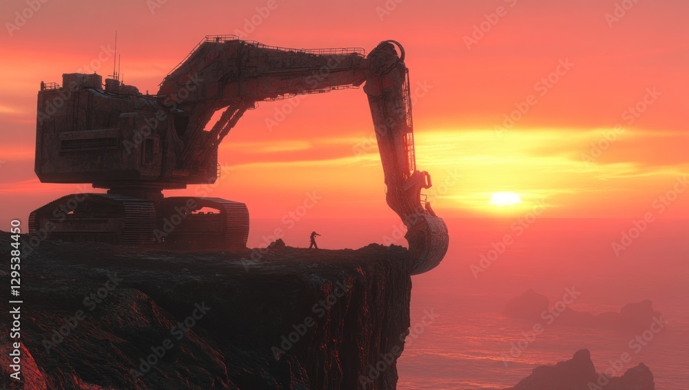 Fototapeta premium Silhouette of massive excavator on cliff edge at sunset, person observing.