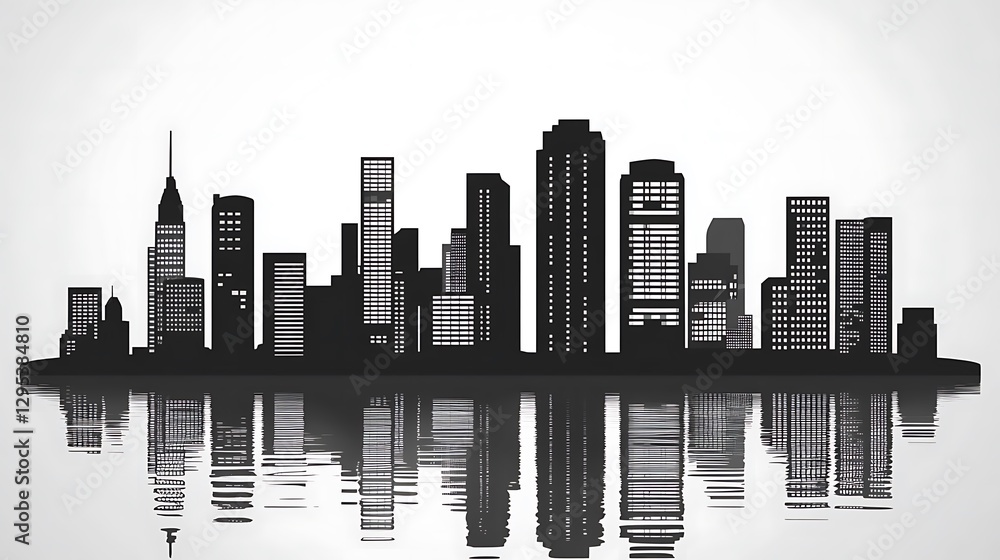 Naklejka premium A monochrome city skyline reflected beautifully on rippling water