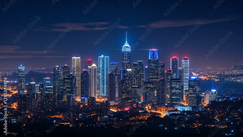 Obraz premium City night skyline view with glowing skyscrapers and lights from above