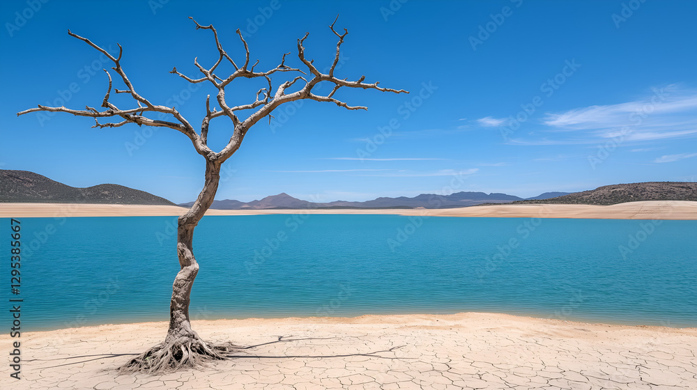 A solitary, leafless tree stands on a sandy shore beside a calm, turquoise lake under a clear blue sky, evoking a sense of tranquility and solitude. A solitary, leafless tree stands on a sandy shore beside a calm, turquoise lake under a clear blue sky, evoking a sense of tranquility and solitude.