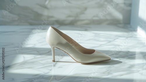 A single high heel shoe placed elegantly on a white marble surface, with soft shadows and intricate stitching clearly visible under natural light.