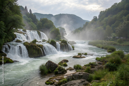 Photographs of cascading waterfalls