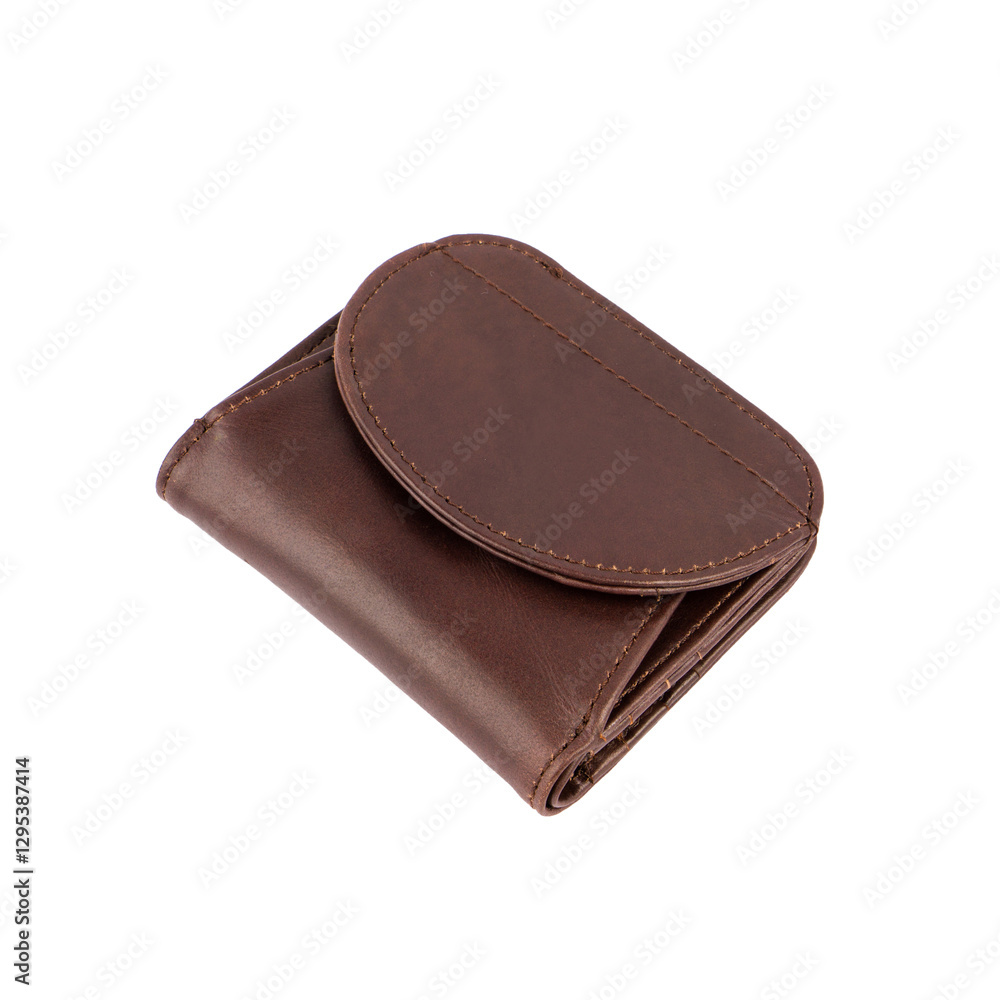 Small wallet made of brown leather isolated on white background, perfect for storing coins and small items. Small wallet made of brown leather isolated on white background, perfect for storing coins and small items.