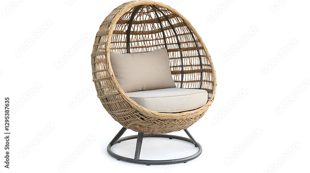 A wicker chair with a white cushion and a tan pillow A wicker chair with a white cushion and a tan pillow