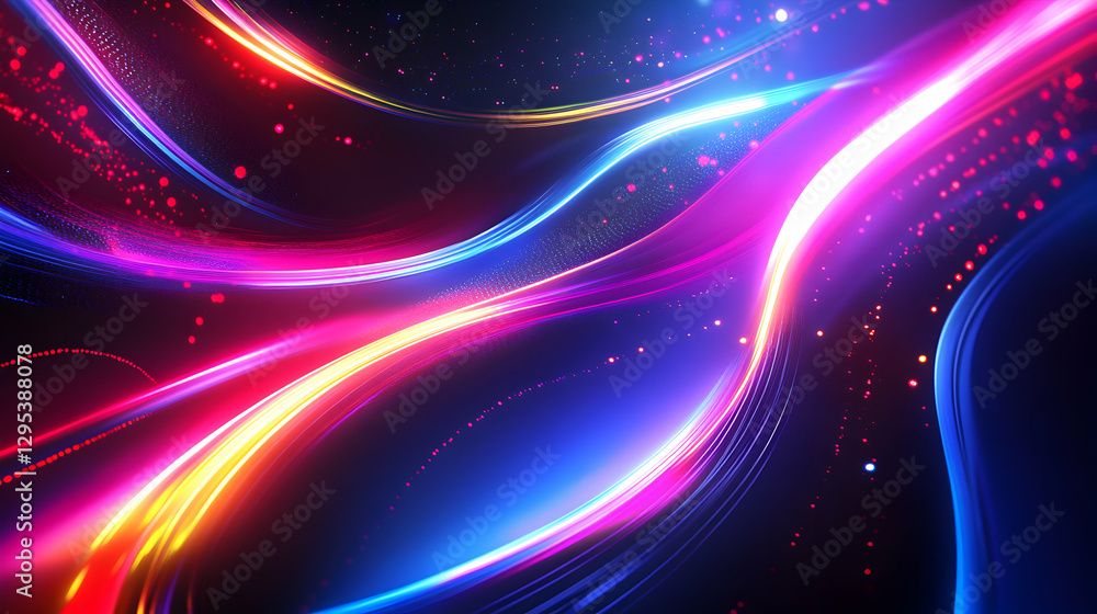 Obraz premium Vibrant Neon Light Trails on Dark Background, Futuristic Abstract Design with Dynamic Flowing Lines and Sparkling Particle Effects, High-Resolution Visuals for Modern Concepts