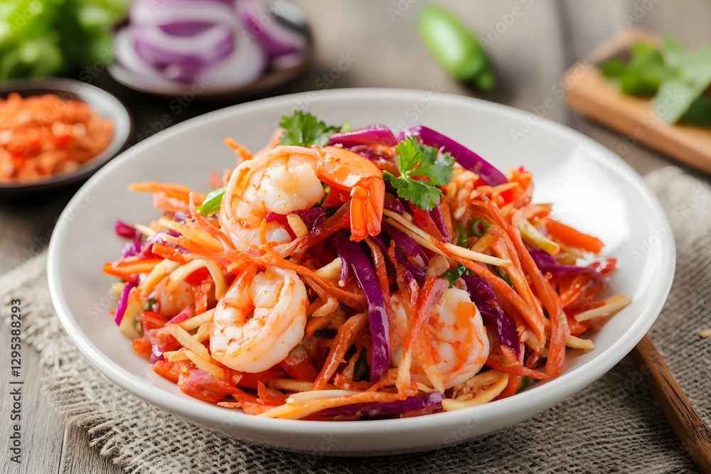 Delicious Spicy Shrimp Salad with Carrot and Purple Cabbage