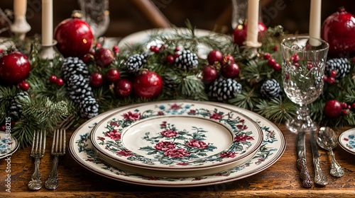 Festive Holiday Dining Table Setting photo