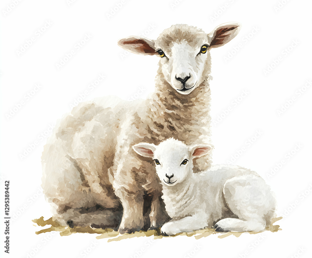 Fototapeta premium Watercolor Illustration of a Sheep and Lamb, A Symbol of Spring, Innocence, and Pastoral Harmony, Evoking a Sense of Peace and Connection to Nature's Gentle Beauty