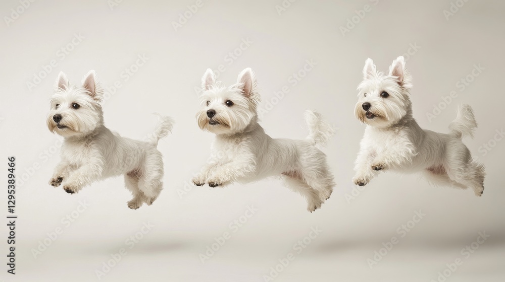 High-end sequence photography of show-quality Westie demonstrating breed characteristics, multiple poses from standing alert to mid-air jumps, pristine grooming with detailed fur texture, High-end sequence photography of show-quality Westie demonstrating breed characteristics, multiple poses from standing alert to mid-air jumps, pristine grooming with detailed fur texture,