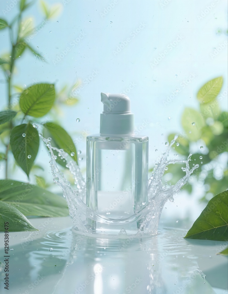 Clear glass bottle splashing water surrounded by fresh green leaves in a serene light, illustrating beauty and skincare products with a refreshing look. Clear glass bottle splashing water surrounded by fresh green leaves in a serene light, illustrating beauty and skincare products with a refreshing look.