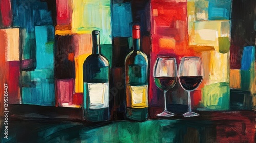 Two wine bottles and two glasses stand before colorful blocks
