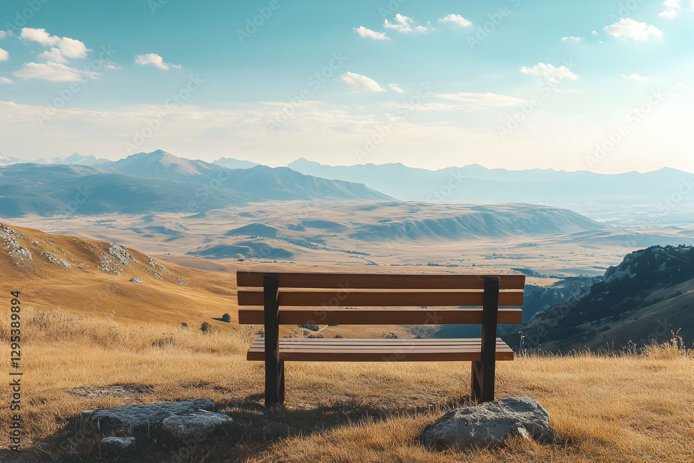 Wooden bench overlooking expansive hilly landscape with mountains in the distance under a bright sky offering serenity and a sense of escape and outdoor exploration Wooden bench overlooking expansive hilly landscape with mountains in the distance under a bright sky offering serenity and a sense of escape and outdoor exploration