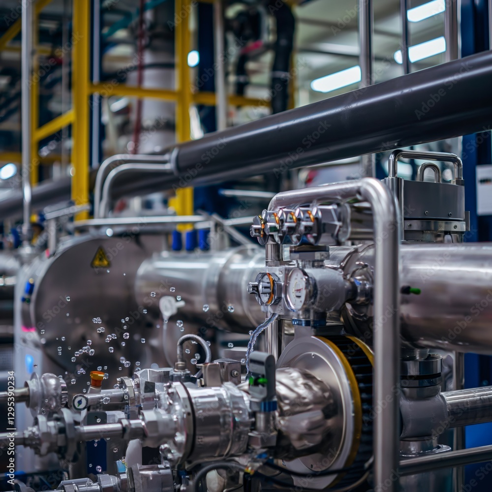 Close view of a carbon capture unit showcasing complex piping and machinery as CO2 molecules are absorbed, highlighting innovative technology and environmental efforts in industry Close view of a carbon capture unit showcasing complex piping and machinery as CO2 molecules are absorbed, highlighting innovative technology and environmental efforts in industry