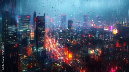 Cityscape with blurred lights reflecting through a rainy window