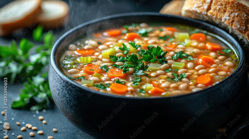 Steaming bean soup with vegetables in a black bowl on dark kitchen table Steaming bean soup with vegetables in a black bowl on dark kitchen table