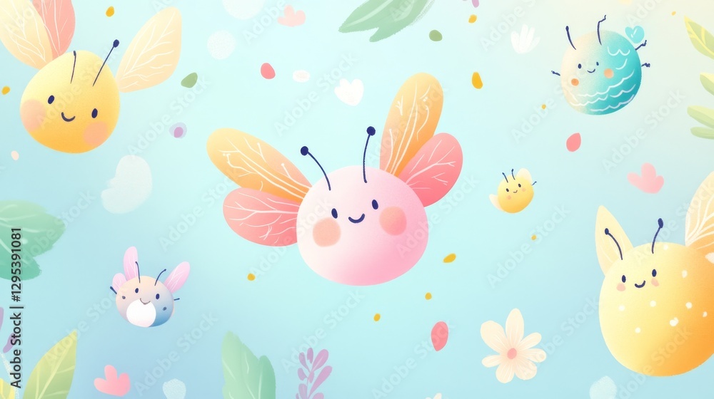 Fototapeta premium Delightful bug collection with kawaii-inspired faces, soft round bodies, decorative antennae and wings, gentle gradient colors, simple geometric patterns, child-safe design elements, educational art
