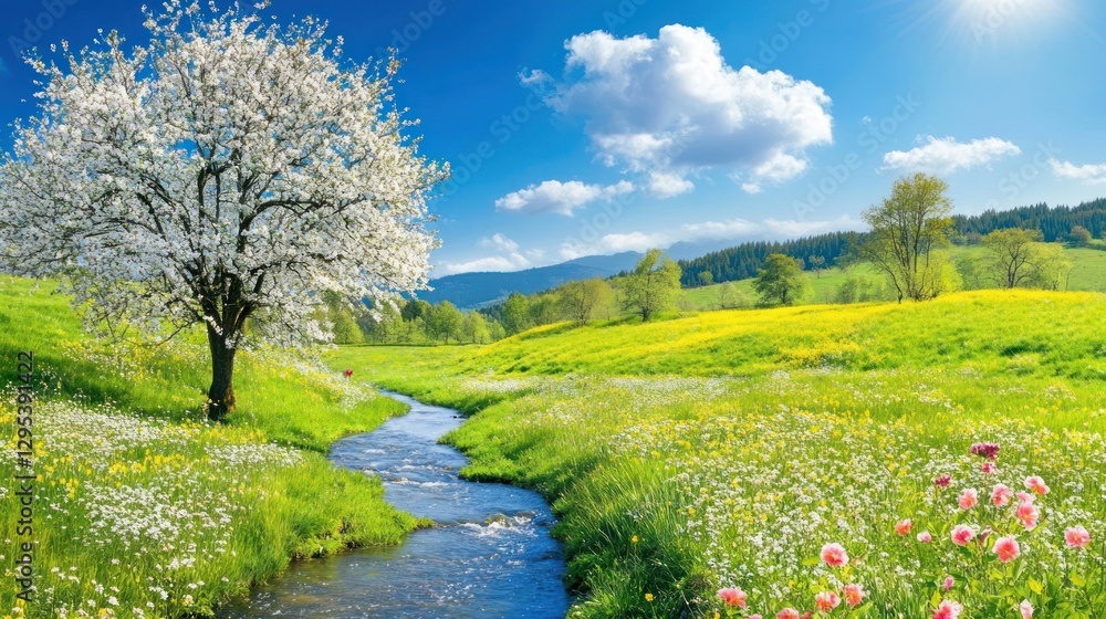 Beautiful countryside scene shows blossoming tree with a flowing stream Beautiful countryside scene shows blossoming tree with a flowing stream