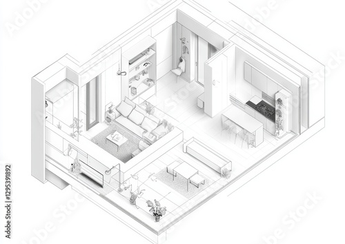 Modern apartment floor plan isometric sketch