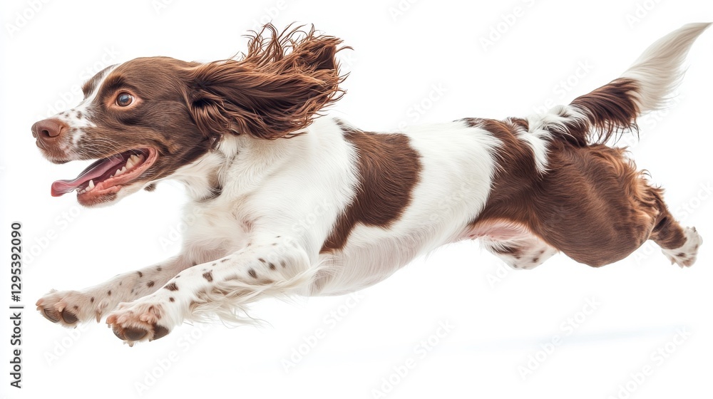 athletic dog in action, young spaniel leaping, brown white fur details, ears and tail in motion, candid playful moment, seamless white background, high-end studio shoot, stop-motion effect, athletic dog in action, young spaniel leaping, brown white fur details, ears and tail in motion, candid playful moment, seamless white background, high-end studio shoot, stop-motion effect,