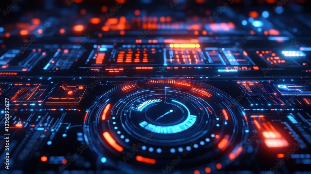 Fototapeta premium Abstract digital interface with glowing lines and circular elements in blue and orange. Ideal for tech, AI, or futuristic concepts, represents advanced technology and data processing.