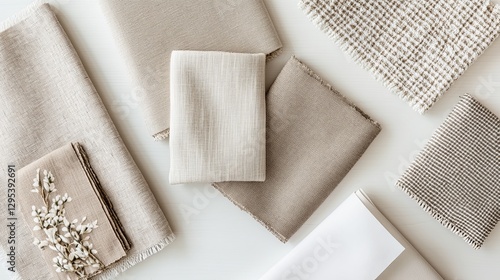 A flat lay of neutral-colored fabric swatches arranged aesthetically on a light table. picture