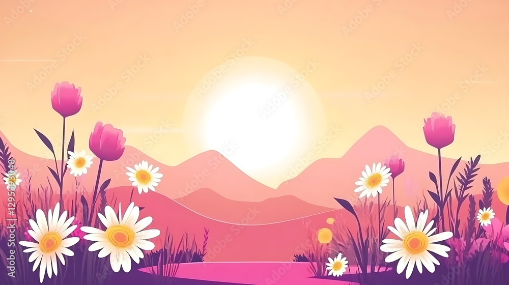Fototapeta premium A beautiful scene of flowers mountains and a vibrant sunset