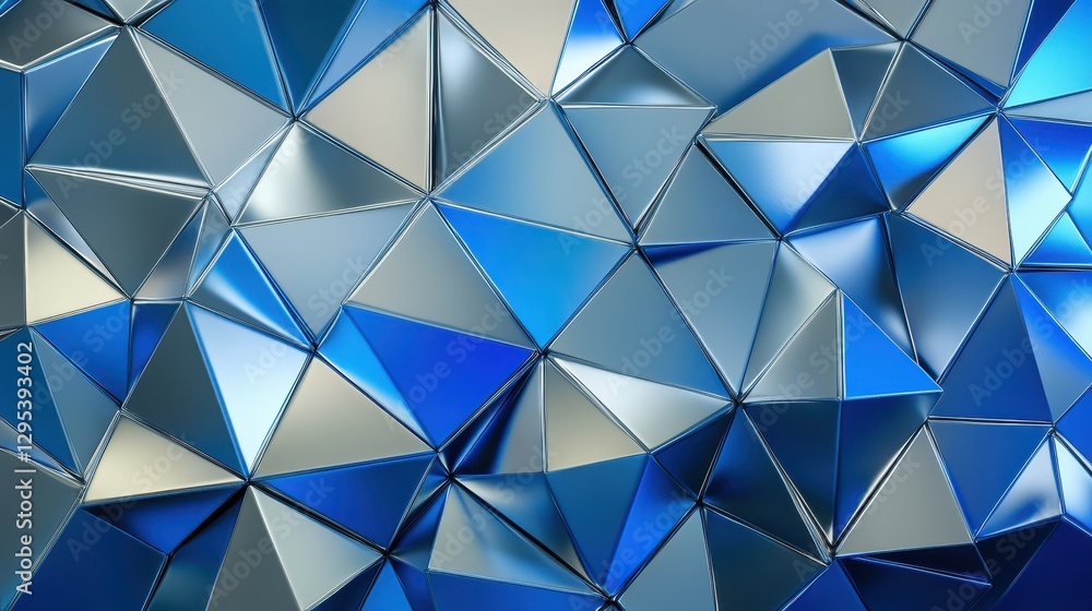 Royal blue and platinum triangular texture, sleek metallic reflections adding a luxurious, futuristic feel. 