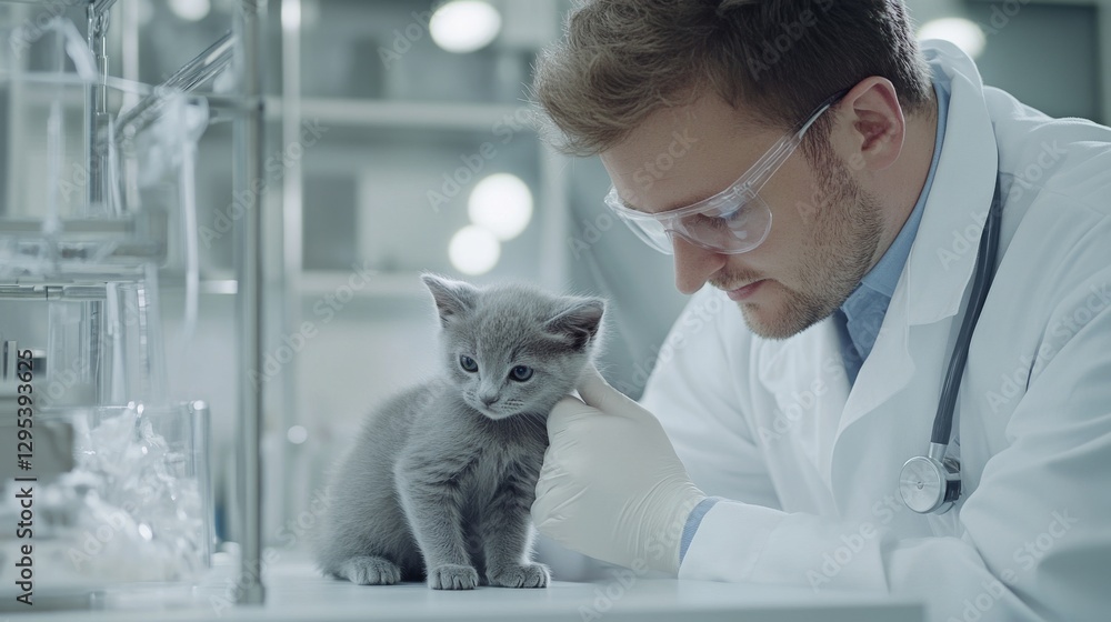 Clinical portrait of animal doctor in laboratory coat examining young gray cat, pristine medical facility, diagnostic equipment backdrop, professional medical photography, warm professional Clinical portrait of animal doctor in laboratory coat examining young gray cat, pristine medical facility, diagnostic equipment backdrop, professional medical photography, warm professional
