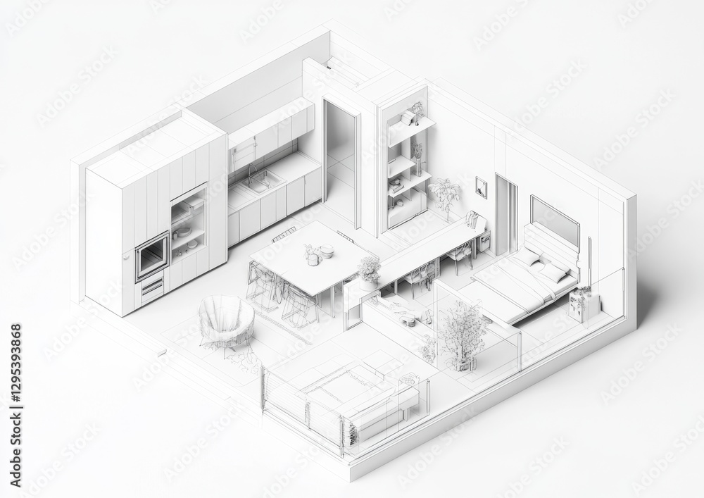 Isometric Studio Apartment Design, White Background, Modern Layout Isometric Studio Apartment Design, White Background, Modern Layout