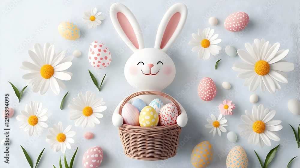 Obraz premium A 3D cartoon Easter bunny holding a basket of pastel eggs, cute and whimsical design.