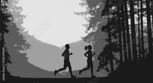 Man and woman running in a forest, vector silhouettes. Run, side view. Silhouettes of athletic looking male and female runners running. Multilayer SVG version.