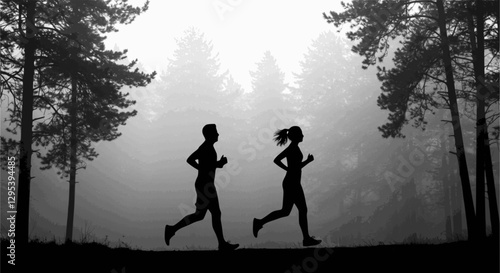 Man and woman running in a forest, vector silhouettes. Run, side view. Silhouettes of athletic looking male and female runners running. Multilayer SVG version.