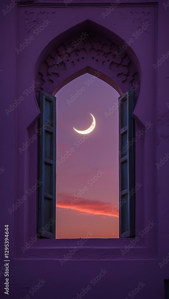 Fototapeta premium Peaceful Crescent Moon Over Arabic Mosque Design with a Rich Purple Twilight Sky at Sunset Exterior Islamic Architecture Building Design Inspiration