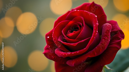A close-up of a single deep red rose with dewdrops glistening on its velvety petals. The background is a soft-focus bokeh of golden light.