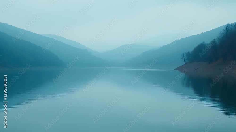 Majestic foggy landscape shows mountains and a calm reflective lake Majestic foggy landscape shows mountains and a calm reflective lake