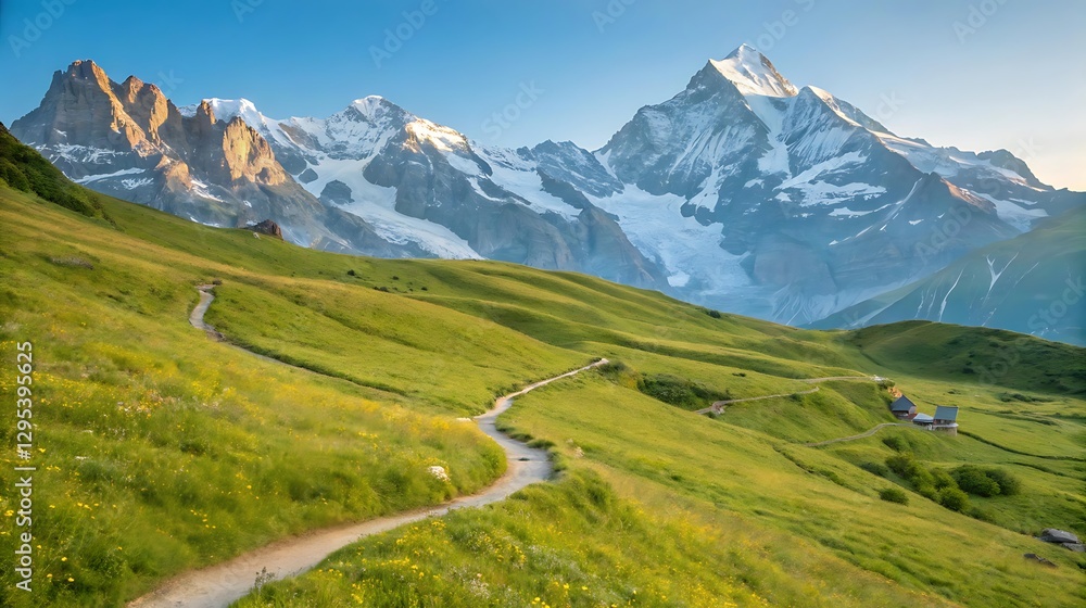 Fototapeta premium Scenic mountain path, green meadows, snow capped peaks