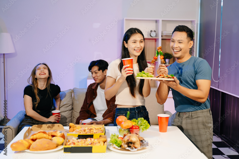 Group of Young Asian friend having, enjoy evening party together at home. Group of Young Asian friend having, enjoy evening party together at home.