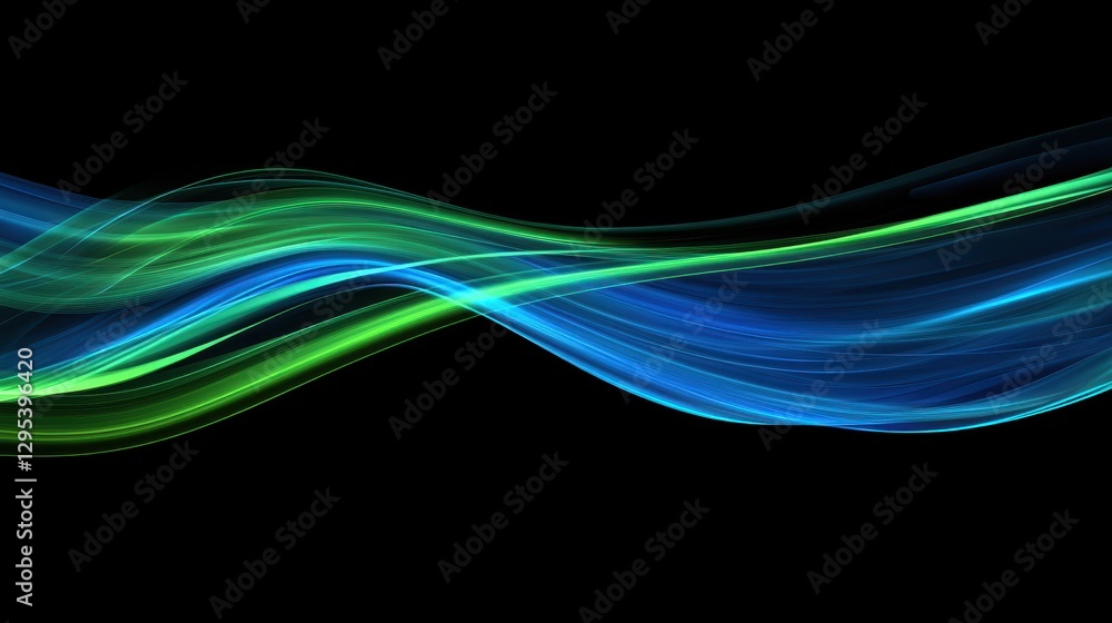 Obraz premium Electric blue and neon green swirling light trails, smooth abstract energy, futuristic glowing waves, radiant digital motion