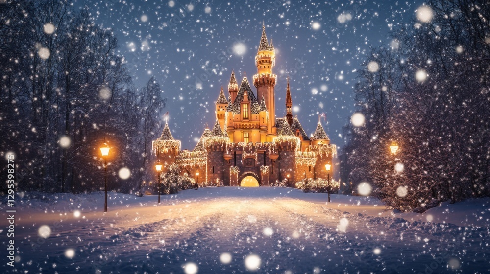 Obraz premium Fairytale castle illuminated with lights during a winter snowfall