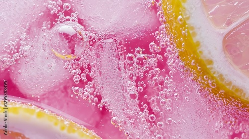 Refreshing Macro Shot of Pink Lemonade Soda with Bubbles and Ice