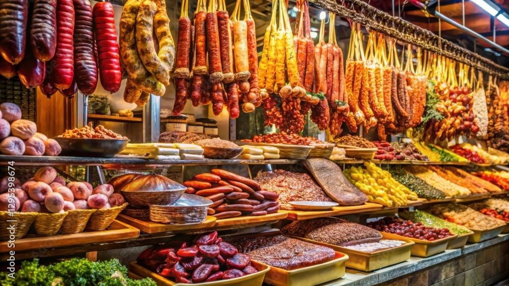 Vibrant Market Display of Sausages and Dried Meats Hanging Fresh Vibrant Market Display of Sausages and Dried Meats Hanging Fresh