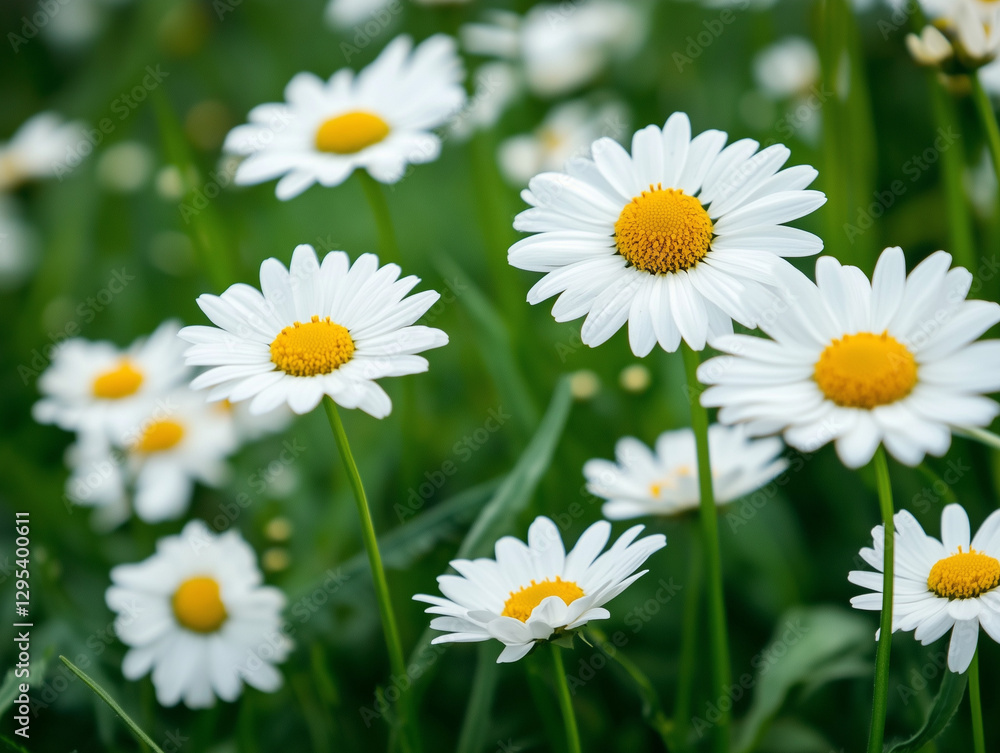 Blooming Beauty: White Chamomile Flowers in a Green Field, daisies in the grass Blooming Beauty: White Chamomile Flowers in a Green Field, daisies in the grass