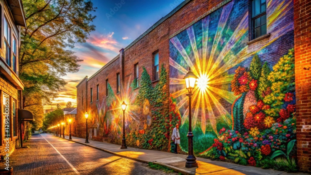 Fototapeta premium Vibrant Street Art Mural with Colorful Flowers and Sunlight Glow