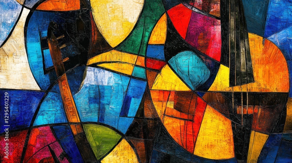 Fototapeta premium Colorful abstract painting depicting musical instruments with geometric shapes