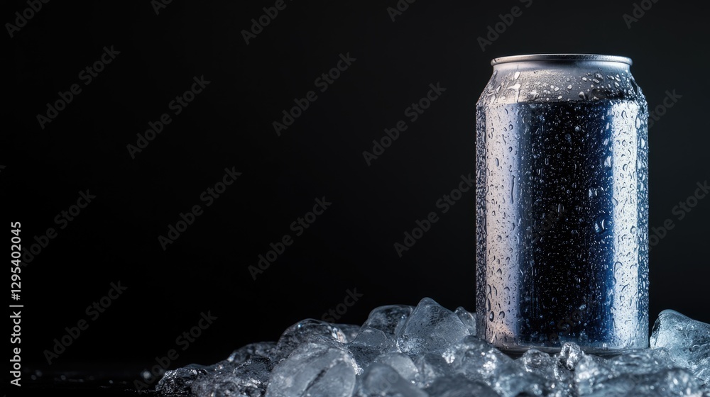 Chilled beverage can on ice with condensation droplets Chilled beverage can on ice with condensation droplets