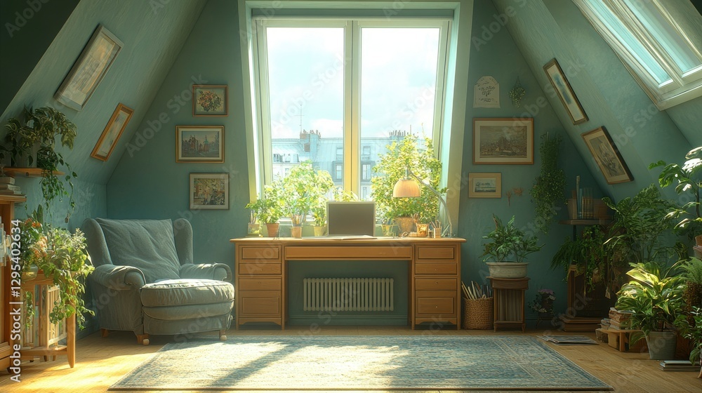 Serene Attic Workspace with Abundant Natural Light and Greenery Serene Attic Workspace with Abundant Natural Light and Greenery