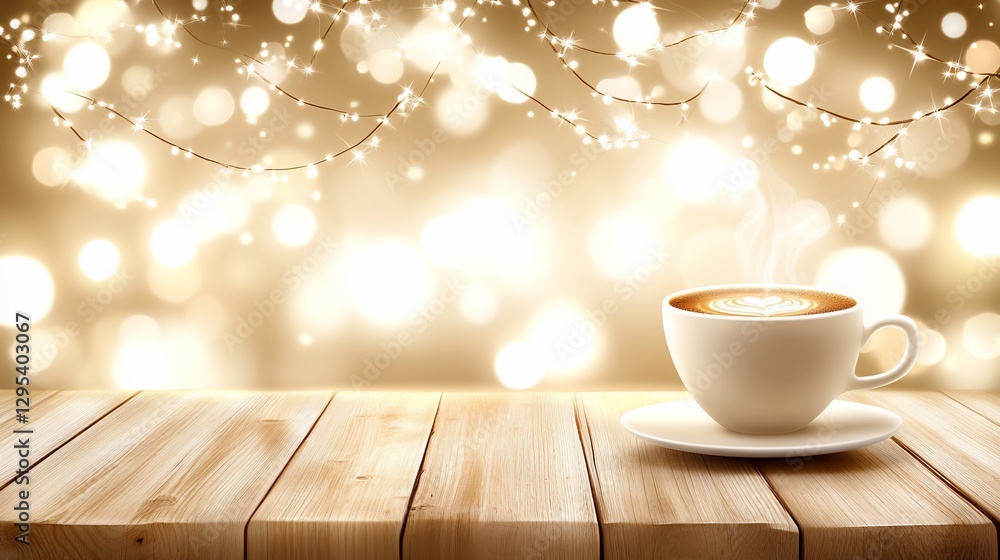 Festive latte art coffee on wood, bokeh lights Festive latte art coffee on wood, bokeh lights